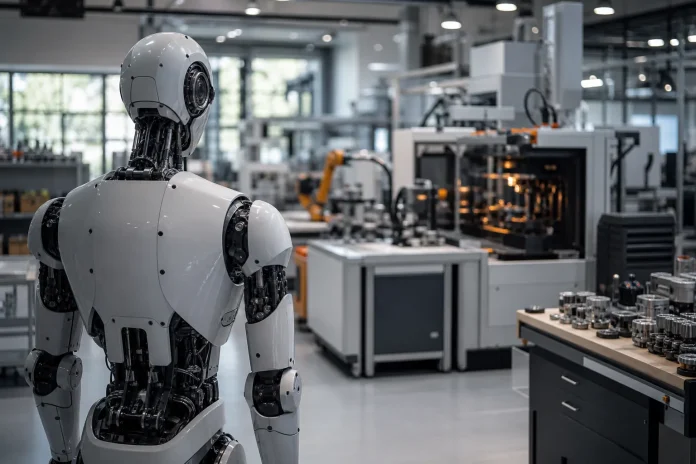 120ft sammelt 576.000 Euro: Humanoide sollen in Container-Mikrofabriken Montage in Stunden statt Wochen lernen Illustration: generischer humanoider Roboter in einer automatisierten Industriehalle, im Zusammenhang mit dem Projekt autonomer Mikrofabriken von 120ft
