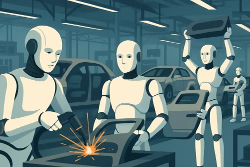Robots humanoïdes en action dans une chaîne de montage automobile, effectuant des tâches d'assemblage et de soudure