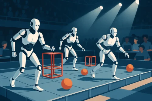 Robots humanoïdes identiques en action sur un terrain de compétition, encadrés par leurs équipes techniques