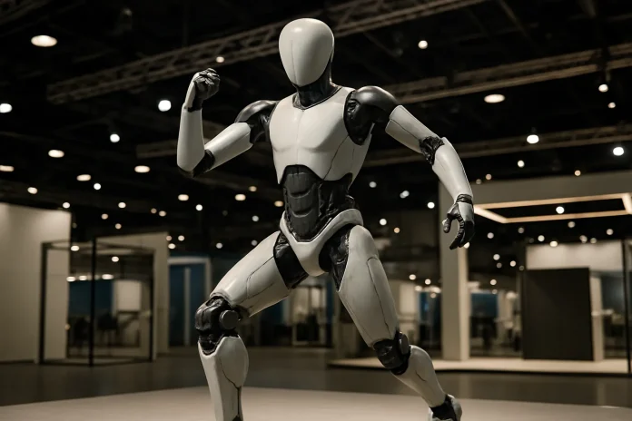 IFA 2026: Chinese robots fill the hall as Xiaomi claims 98% factory success and Unitree G1s miss the beat Illustration: generic humanoid robot in a running pose in an exhibition hall, linked to the presence of Chinese robots at IFA 2026