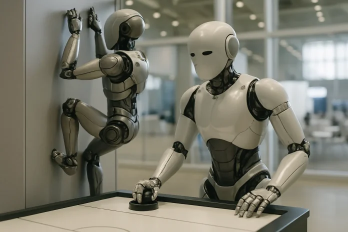 At Beijing's World Robot Conference, robots climb, play air hockey and hand out sweets Illustration: generic humanoid robot facing a mirror in an indoor setting, related to the mobility and interaction demonstrations at the World Robot Conference