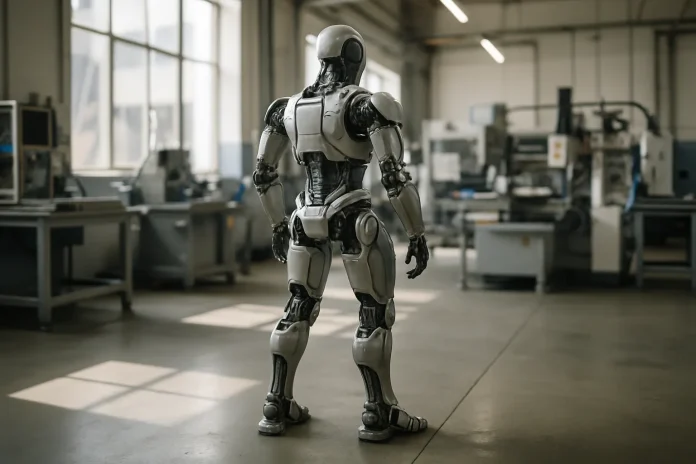 AGCO va tester le robot humanoïde Digit d’Agility Robotics dans son usine du Kansas à partir de 2027 Illustration : robot humanoïde générique dans un atelier industriel, en lien avec l'automatisation de tâches de manutention et de tri