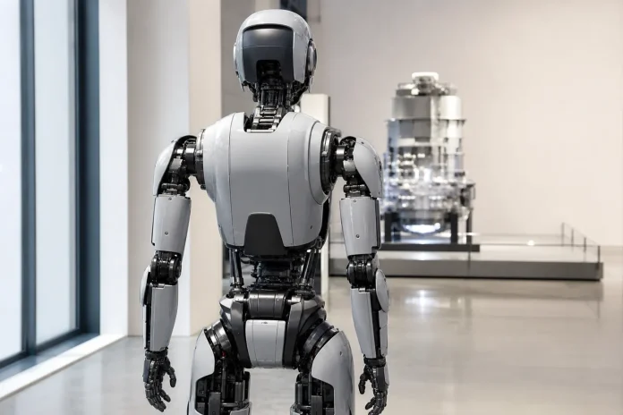 AGIBOT's Genie G2 Max lifts up to 50 kg with two arms and unloads pallets pushed against a wall Illustration: generic two-armed humanoid robot in an industrial setting, related to heavy-load handling in factories