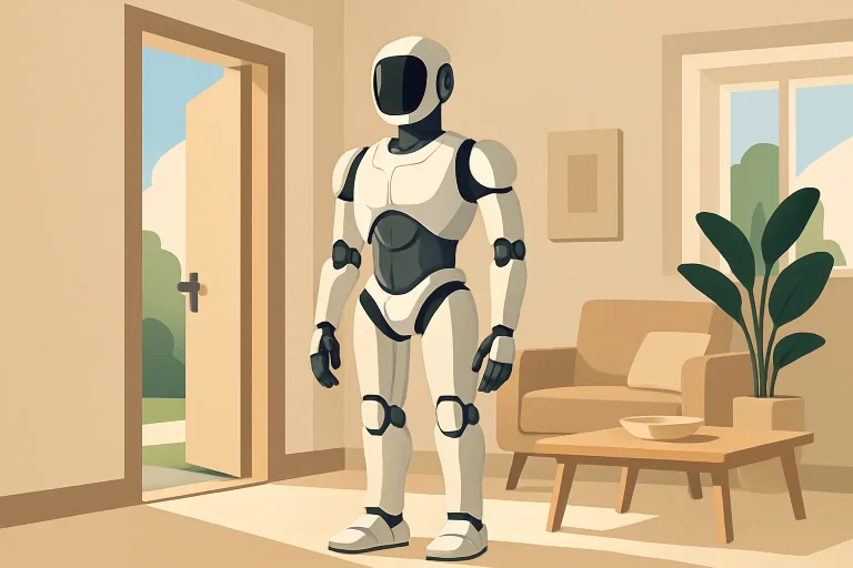 Robot humanoïde livré à domicile dans un intérieur contemporain lumineux