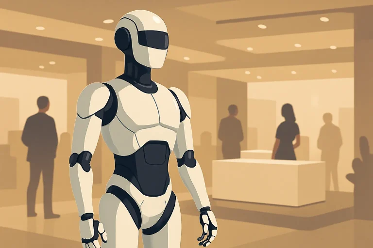 Robot humanoïde élancé présenté dans un espace de démonstration épuré et lumineux