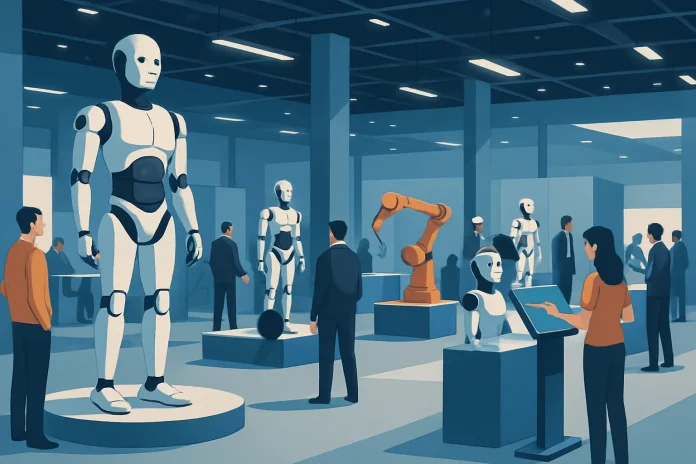 Aucun exposant étranger repéré à la World Robot Conference de Pékin, selon l'AP Robots génériques exposés sur des podiums dans un grand hall de conférences moderne et lumineux