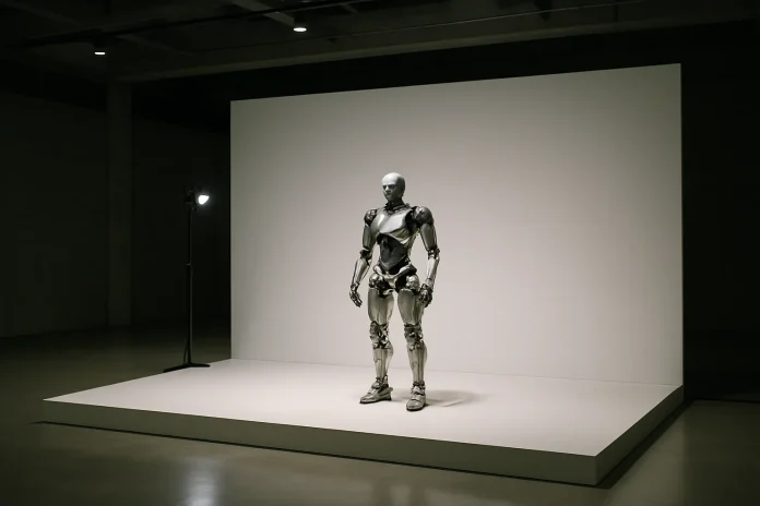 AP spots no foreign exhibitors at the World Robot Conference in Beijing Illustration: generic unbranded humanoid robot on a display platform, linked to robot demonstrations at trade shows