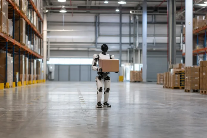 Audi testet Humanoiden von Agile Robots in Ingolstadt: Planung soll von Monaten auf Tage schrumpfen Illustration: mobiler humanoider Roboter trägt einen Karton durch ein Logistiklager, als Bild für die automatisierte Bereitstellung von Autoteilen