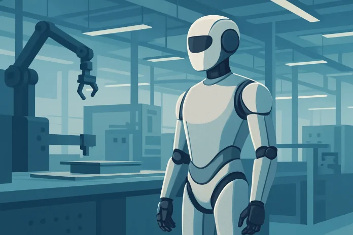 Robot humanoïde aux formes épurées et revêtement textile dans un environnement de production industrielle