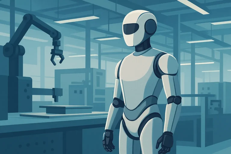 Robot humanoïde aux formes épurées et revêtement textile dans un environnement de production industrielle