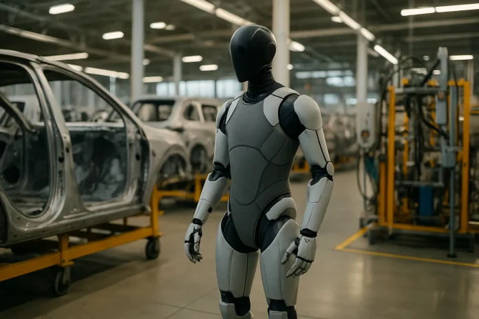 BMW replaces Figure 02 with Figure 03 humanoid robots at Spartanburg: 61 kg and soft textile Illustration: generic humanoid robot in an automotive manufacturing environment, linked to logistics automation