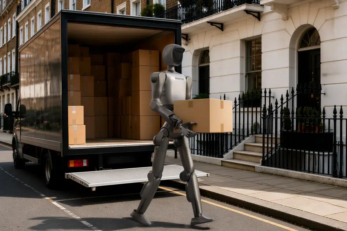 Robot humanoïde Booster Robotics Booster portant un colis devant un camion de livraison ouvert chargé de cartons, sur une rue résidentielle