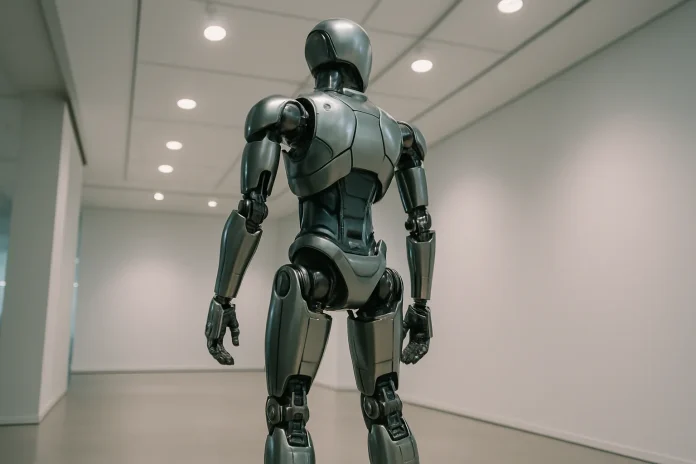 Used Booster T1 humanoid robot on sale in France for €31,200 incl. VAT at Génération Robots Illustration: generic humanoid robot with an articulated structure, related to the distribution of robotic platforms for research