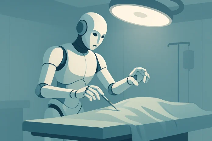 Des robots de 27 kg opèrent à distance : l'alternative aux machines de 800 kg qui révolutionne la chirurgie rurale Robot humanoïde compact effectuant un geste chirurgical précis sur une table médicale