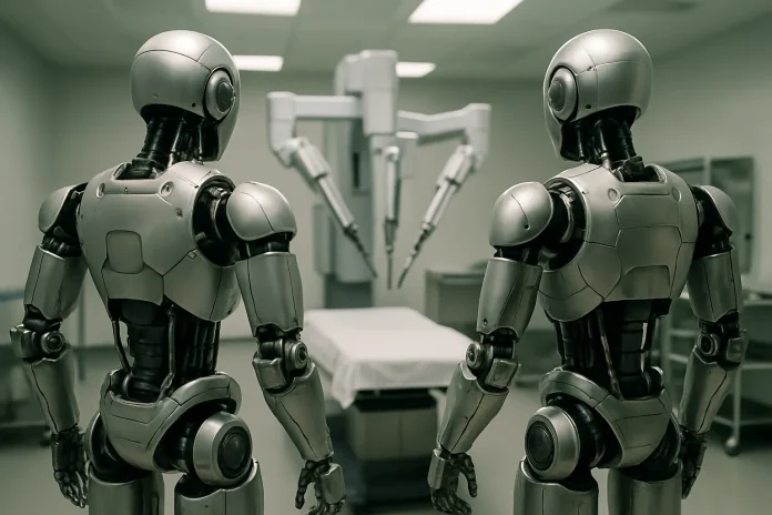 Two teleoperated 27 kg humanoid robots operate on mammals in test of alternative to 800 kg systems Illustration: two generic humanoid robots facing an articulated surgical arm, related to medical teleoperation