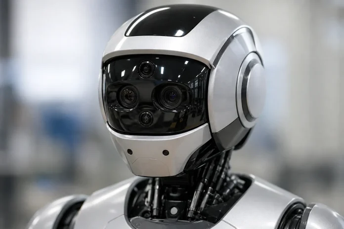 Enact Intelligence lève 30 millions de dollars pour développer des robots capables de ressentir les forces Illustration : robot humanoïde générique équipé de capteurs optiques et de préhenseurs articulés, en lien avec la robotique de manipulation industrielle