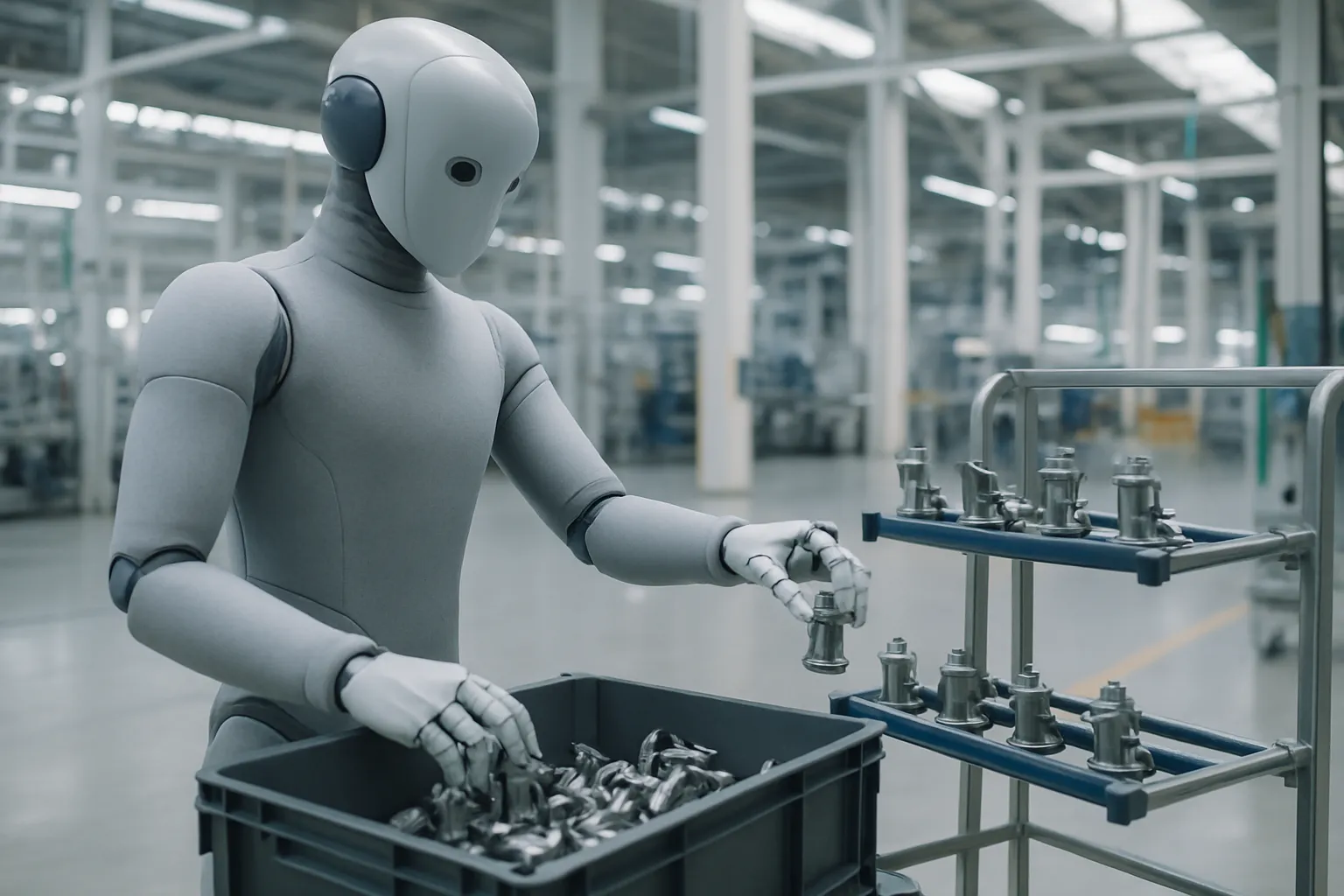 Illustration: generic humanoid robot handling metal parts on an industrial assembly line, related to the Figure 03 deployment at BMW