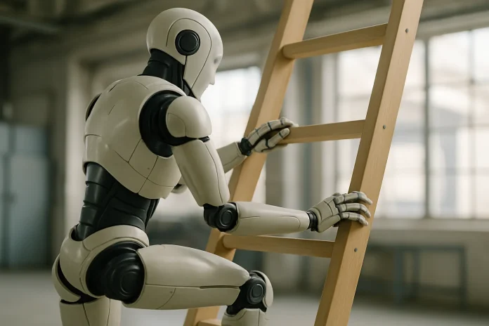 Figure 03 climbs a three-rung ladder autonomously, according to a video from Figure's CEO Illustration: generic humanoid robot gripping a wooden ladder, related to Figure 03's autonomous climbing