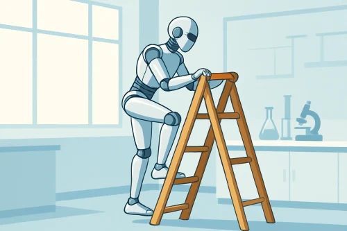 Robot humanoïde en action gravissant seul une échelle de bois à trois échelons