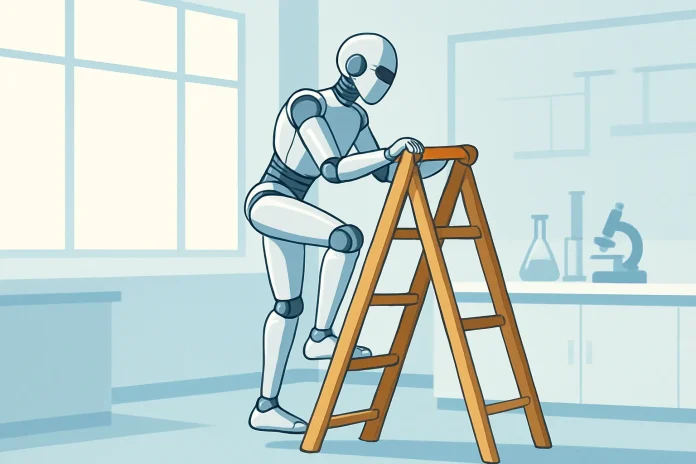 Figure 03 grimpe seul une échelle de trois échelons, selon une vidéo du patron de Figure Robot humanoïde en action gravissant seul une échelle de bois à trois échelons