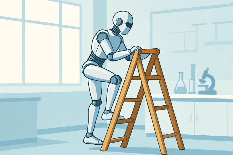 Robot humanoïde en action gravissant seul une échelle de bois à trois échelons