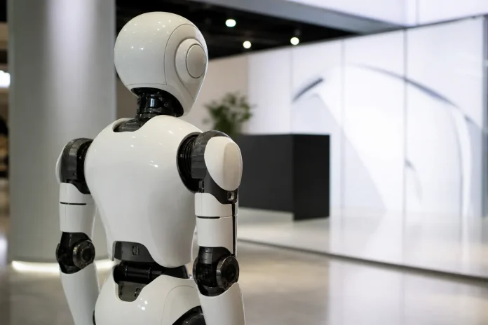 Foire de Canton : une zone dédiée aux robots de service, avec des acheteurs attentifs à leur fiabilité Illustration : robot humanoïde générique dans un espace d'exposition moderne, en lien avec la zone robotique de la Foire de Canton