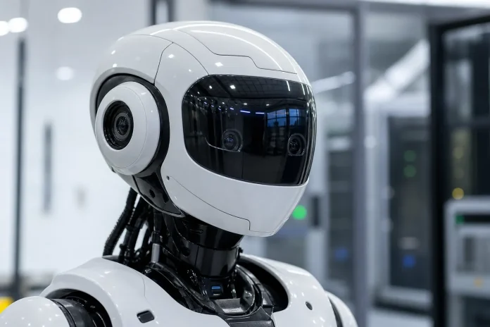 Generative Bionics et AMD préparent en Italie une usine de données pour entraîner les robots humanoïdes Gene.01 Illustration : robot humanoïde générique avec capteurs et écran facial, en lien avec l'entraînement industriel de Gene.01