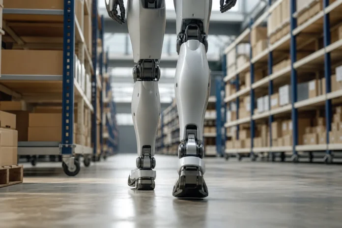 Hikvision Robotics says it has built 200,000+ mobile robots and its new Mingzhi AMRs run 30 minutes after unboxing Illustration: generic humanoid robot in a logistics warehouse, related to the automation of storage and transport operations