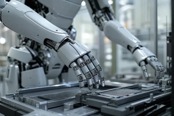 Huixi Technology schließt zwei Runden ab und meldet für 2026 über 2,5 Milliarden Yuan für Embodied-AI-Chips Illustration: Industrieroboterarm handhabt elektronische Bauteile an einer automatisierten Montagelinie, im Zusammenhang mit der Produktion von Chips für die Robotik
