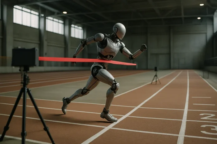 Humanoid robot runs 1,500 m in 2:21 at the 2026 World Humanoid Robot Games in Beijing Illustration: generic humanoid robot crossing a red line on an athletics track, linked to the robot races at the 2026 World Games