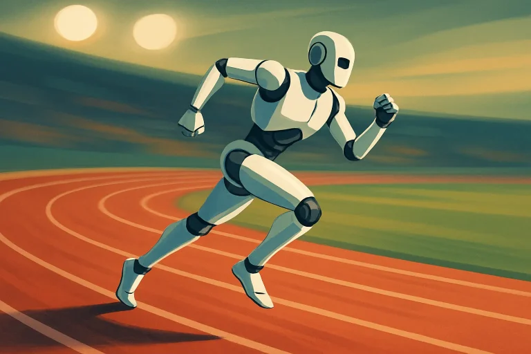 Robot humanoïde en pleine course sur une piste d'athlétisme, démonstration de vitesse
