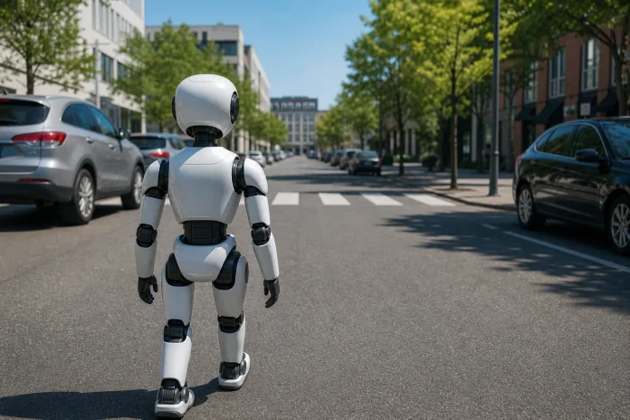 Südkorea will Lieferroboter in Mehrfamilienhäuser lassen und Regeln für Baustellen und Parkhäuser lockern Illustration: generischer humanoider Roboter auf einer städtischen Straße, im Zusammenhang mit dem Einsatz mobiler Roboter im südkoreanischen Stadtraum