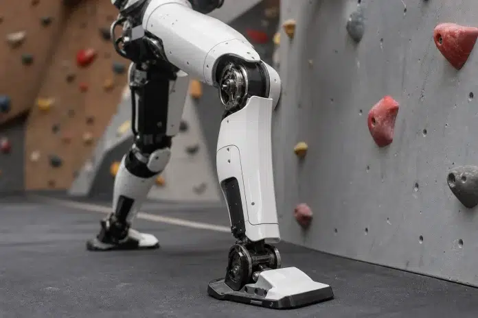 Unitree G1 klettert Leitern und steht nach Stürzen wieder auf – mit nur einer Policy der ETH Zürich Illustration: weiß-schwarzer humanoider Roboter vor einer Kletterwand mit Griffen, als Sinnbild für das Erlernen von Bewegungen über Hindernisse