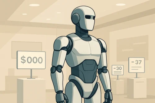 Robot humanoïde exposé dans un showroom lumineux aux éclairages doux