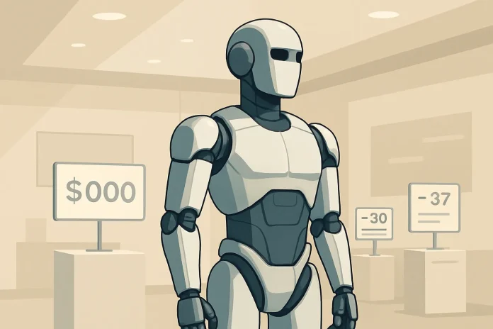 Les robots humanoïdes coûtent à partir de 4 290 dollars, mais le prix affiché ne veut rien dire Robot humanoïde exposé dans un showroom lumineux aux éclairages doux