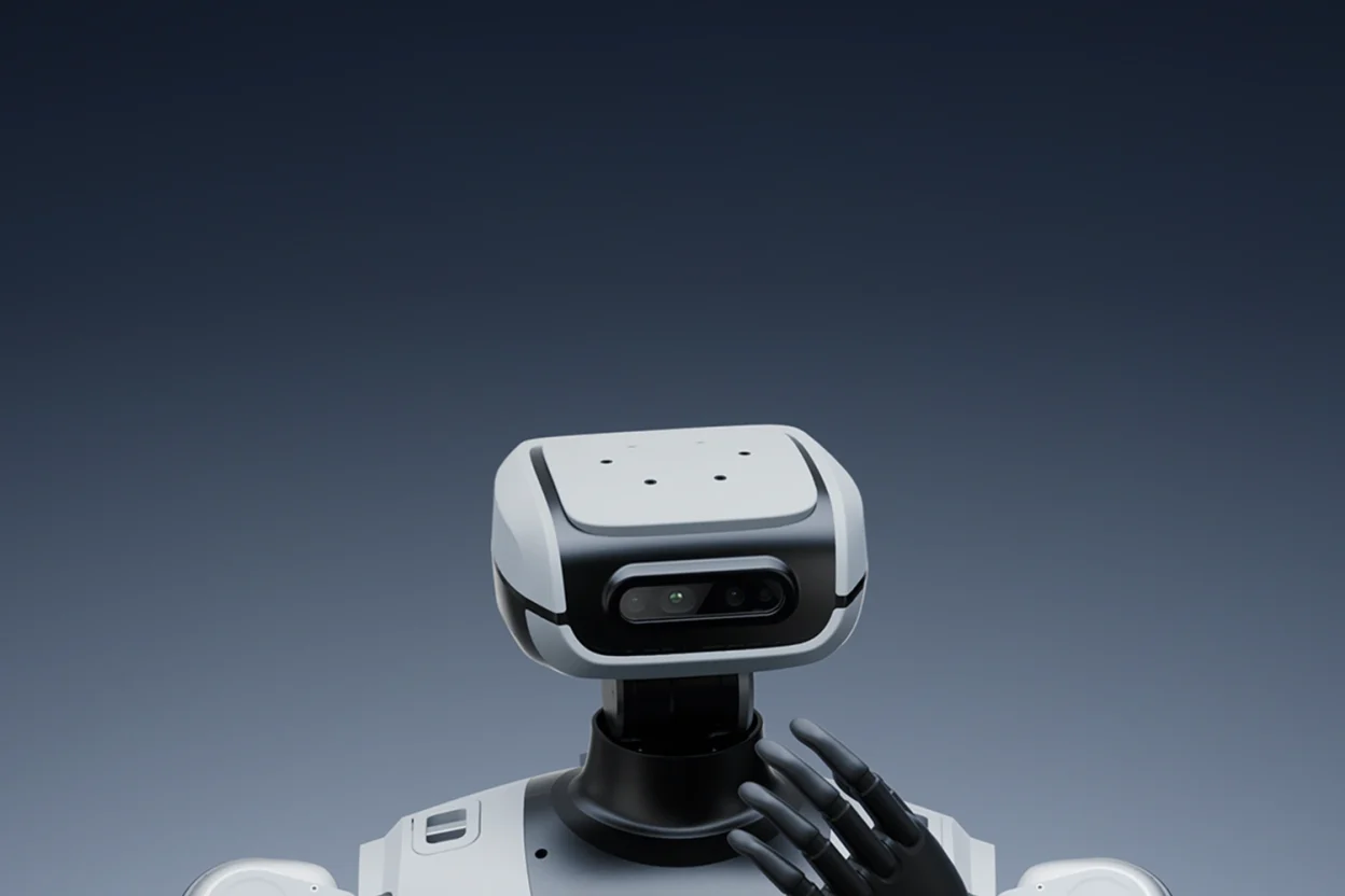 Tête du robot humanoïde LimX Dynamics Oli équipée d'un module de caméras frontales et montée sur un cou articulé