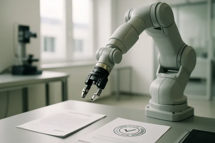 AI Act CE marking for robots and AI systems in France: obligations due in 2027 and 2028 Illustration: articulated robotic arm positioned above administrative documents bearing an approval stamp, referring to CE marking obligations