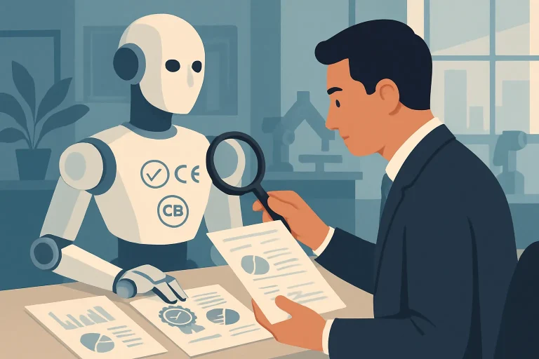 Technicien consultant des documents de conformité auprès d'un bras robotisé en atelier