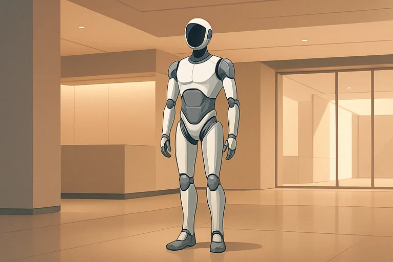 Robot humanoïde compact aux formes épurées dans un espace de présentation contemporain