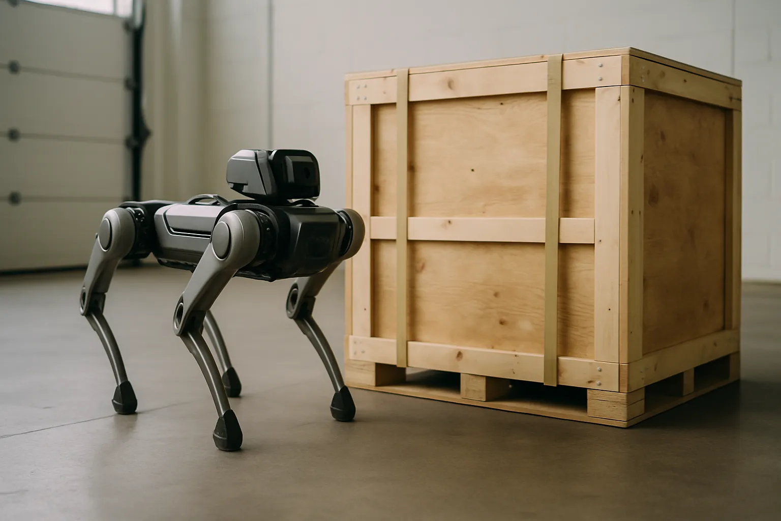 Illustration: generic quadruped robot next to a wooden crate, referring to logistics and inspection applications