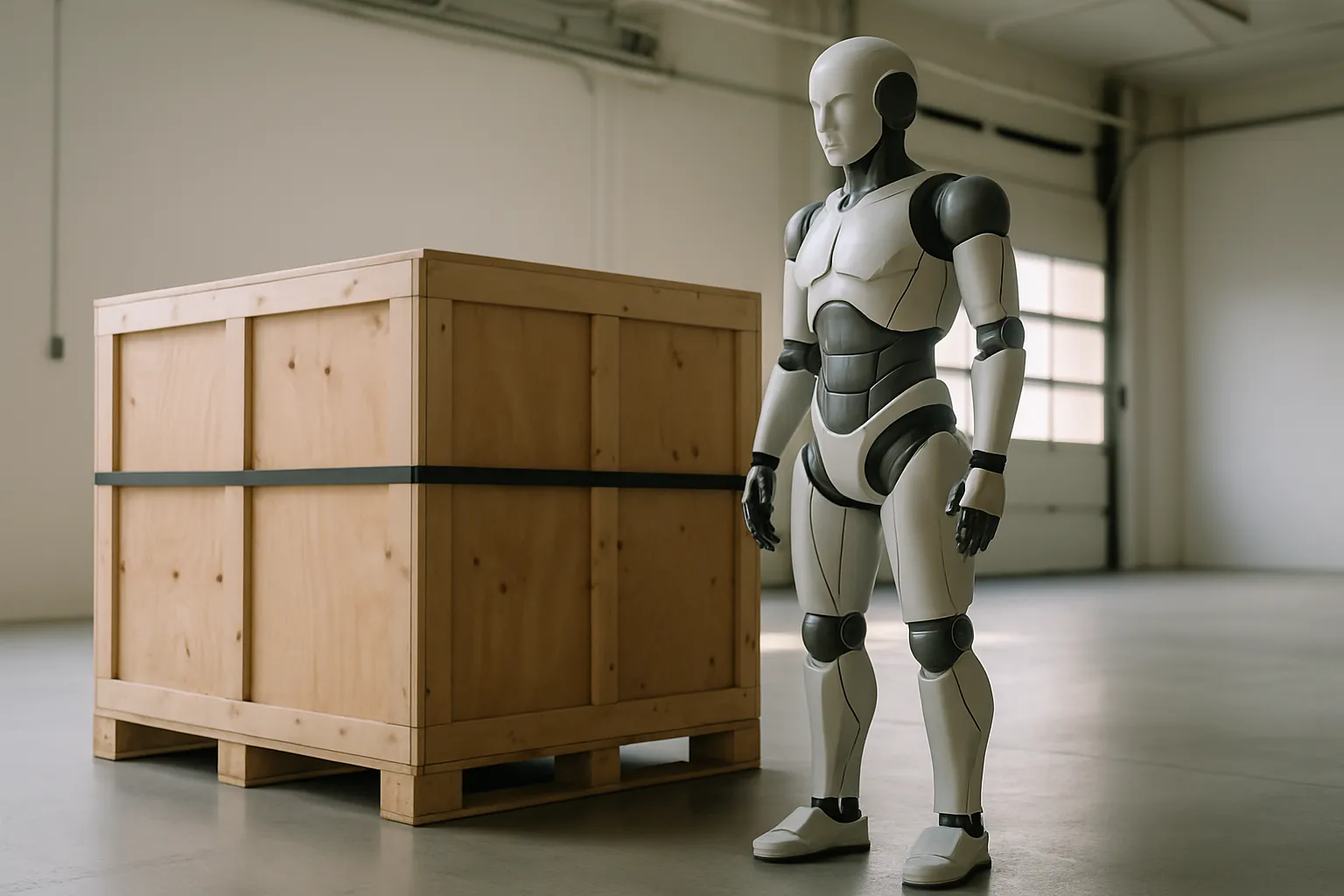 Illustration : robot humanoïde générique face à une caisse en bois dans un entrepôt, en lien avec les capacités domestiques et industrielles du Figure 03