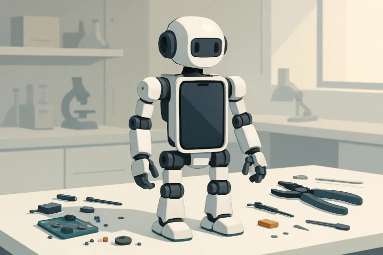 Robot humanoïde compact assemblé autour d'un smartphone, posé dans un atelier de recherche lumineux