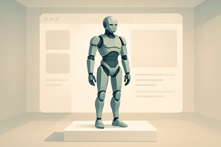 Robot humanoïde argenté exposé sur un socle blanc dans un espace commercial lumineux et épuré