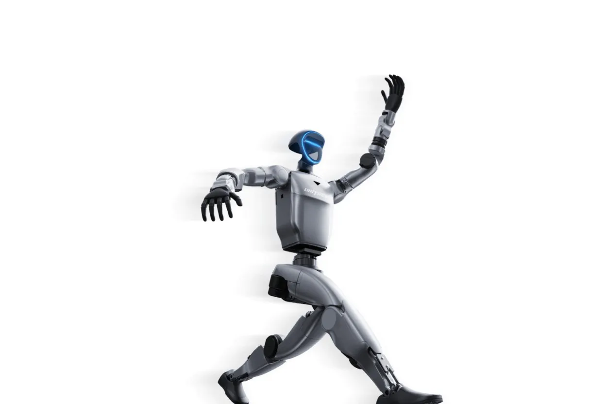 Unitree G1 humanoid robot in a dynamic pose, with a blue-visor head and articulated arms fitted with five-fingered hands