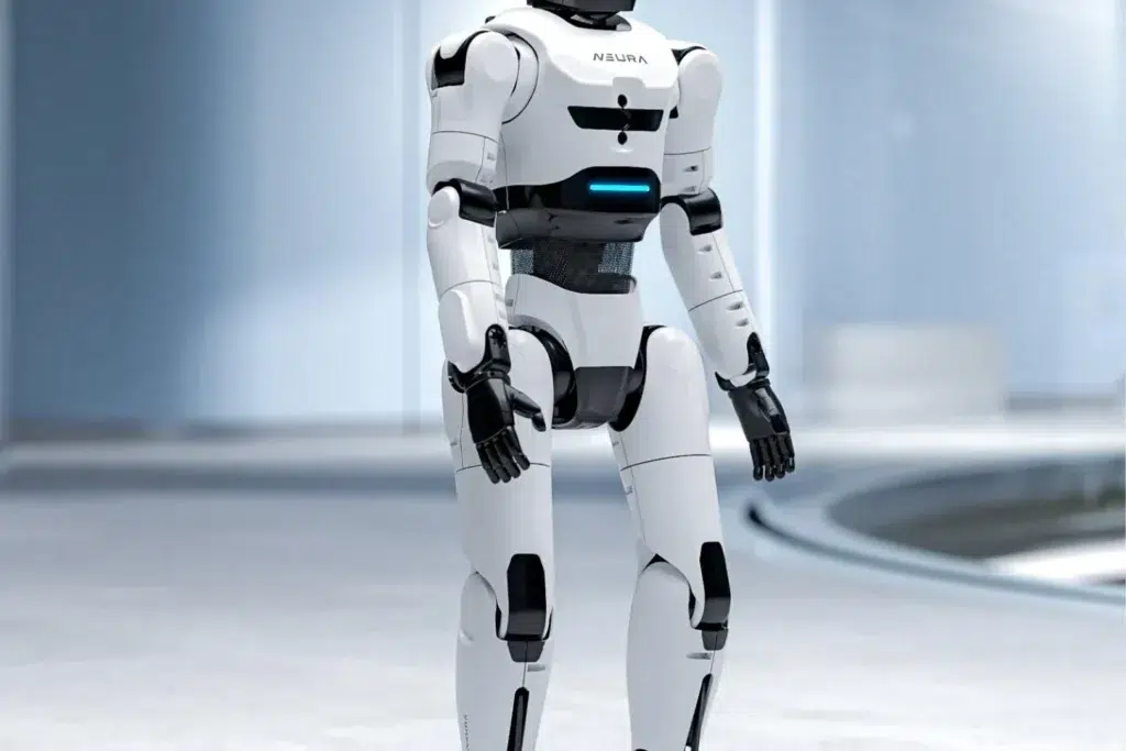 NEURA Robotics 4NE1 Mini humanoid robot with the NEURA logo visible on its torso and a blue light strip