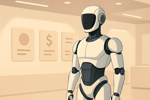 Robot humanoïde présenté dans un showroom lumineux aux options commerciales affichées