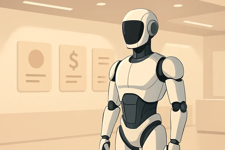 Robot humanoïde présenté dans un showroom lumineux aux options commerciales affichées