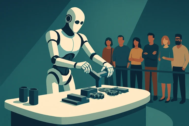 Robot humanoïde en démonstration sur scène, exécutant une tâche répétitive avec des mouvements saccadés