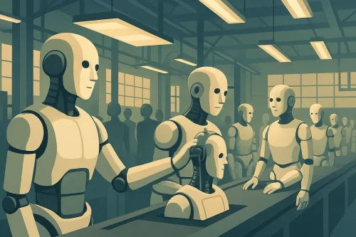 Robots humanoïdes alignés dans une usine de fabrication moderne et lumineuse