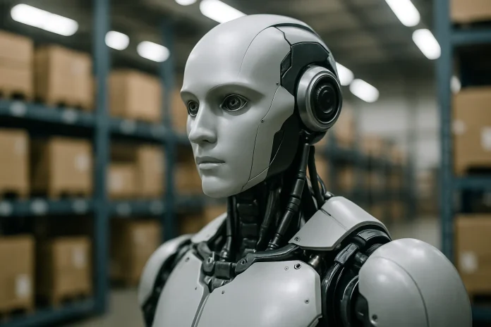 Robotique industrielle : les logiciels CRM et ERP attirent 6,7 fois plus de recherches que les outils de facturation Illustration : robot humanoïde générique dans un environnement industriel, en lien avec l'automatisation et la gestion logicielle dans la robotique industrielle